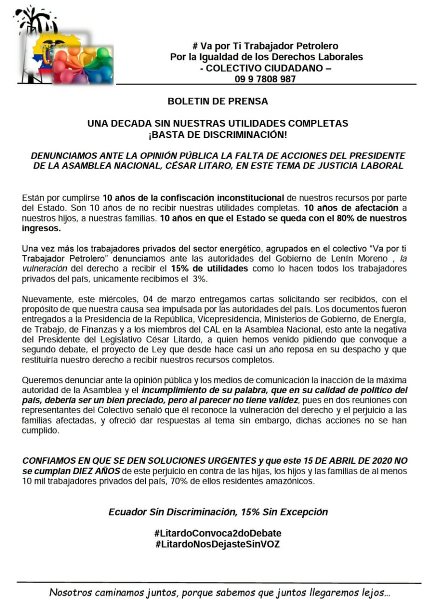Juan12834357's tweet photo. Asi es pero no nos cansaremos de seguir en la lucha por nuestro derecho al 15% de nuestras utilidades 
#vaportitrabajadorpetrolero @cesarlitardo @AsambleaEcuador @Presidencia_Ec https://t.co/kyE8Q6fHKI