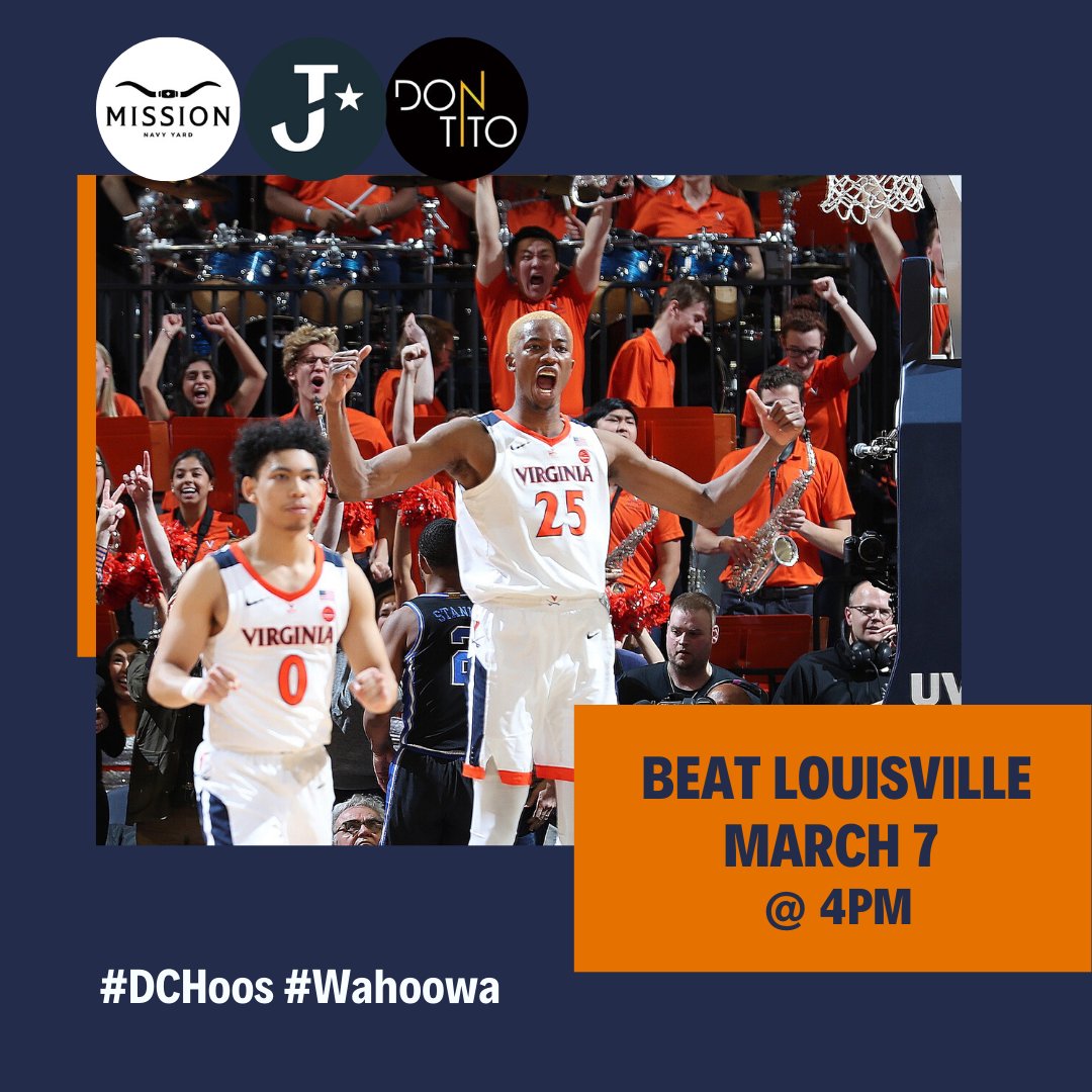 DCHoos's tweet photo. Tomorrow is game day! Find us at one of three locations (@JakesTavernDC, @dontitova & @missionnavyyard) to watch @UVAMensHoops take on the Louisville Cardinals. Tip off is at 4PM. #DCHoos #Wahoowa https://t.co/At0KcMT4M3