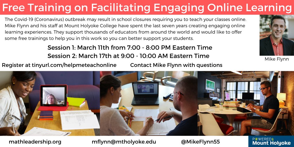 MikeFlynn55's tweet image. I&apos;m running free trainings on how to teach online for educators affected by the #coronavirus outbreak. The trainings will be recorded and shared with those who register in case you can&apos;t attend a live session. Please help spread the word. Register: tinyurl.com/helpmeteachonl… #MTBoS
