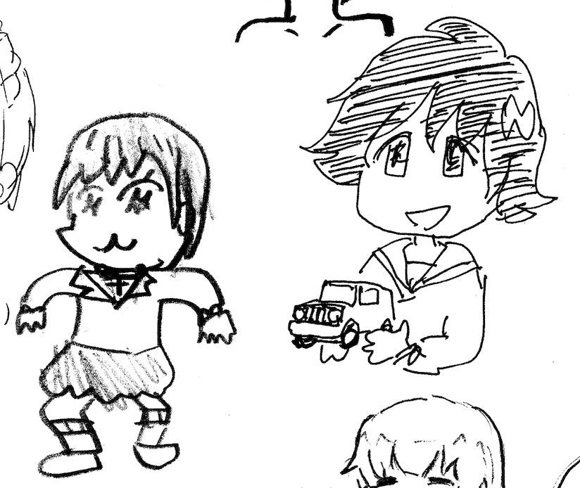 初めて描いたアンチョビさん、西さん、秋山さん(右)と
坊主が描いた西住さん(左)。@浜松お絵かき会 
