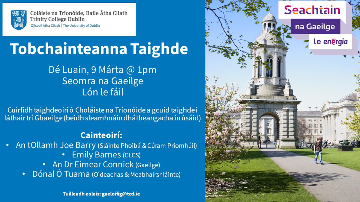 Beidh obair ár dtaighdeoirí <a href="/tcddublin/">Trinity College Dublin</a> á chur i láthair Dé Luain mar chuid de <a href="/SnaGaeilge/">Seachtain na Gaeilge</a> 
<a href="/tcddublin/">Trinity College Dublin</a> researchers will present their work as #Gaeilge for Seachtain na Gaeilge

Fáilte roimh chách