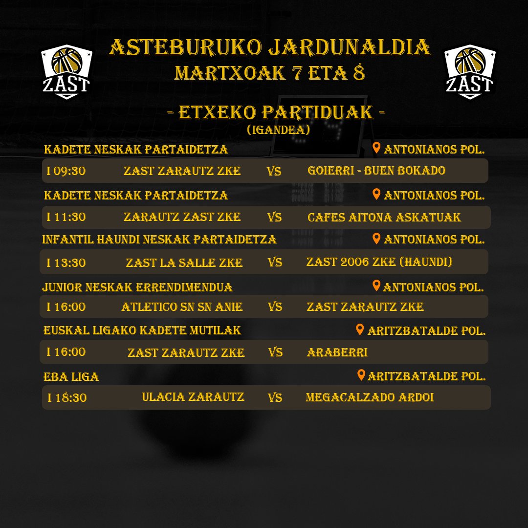💥 ASTEBURUKO ETXEKO PARTIDUAK 💥

🗓️ Martxoak 7 eta 8
▶️ 13 lehia interesgarri jokatu dira gure kantxetan gainean dugun asteburu honetan. Tartean infantil haundi nesken derbia!!

Zatoz gureak animatzera!!

#123ZAST #SaskiDa #FeelingSaski