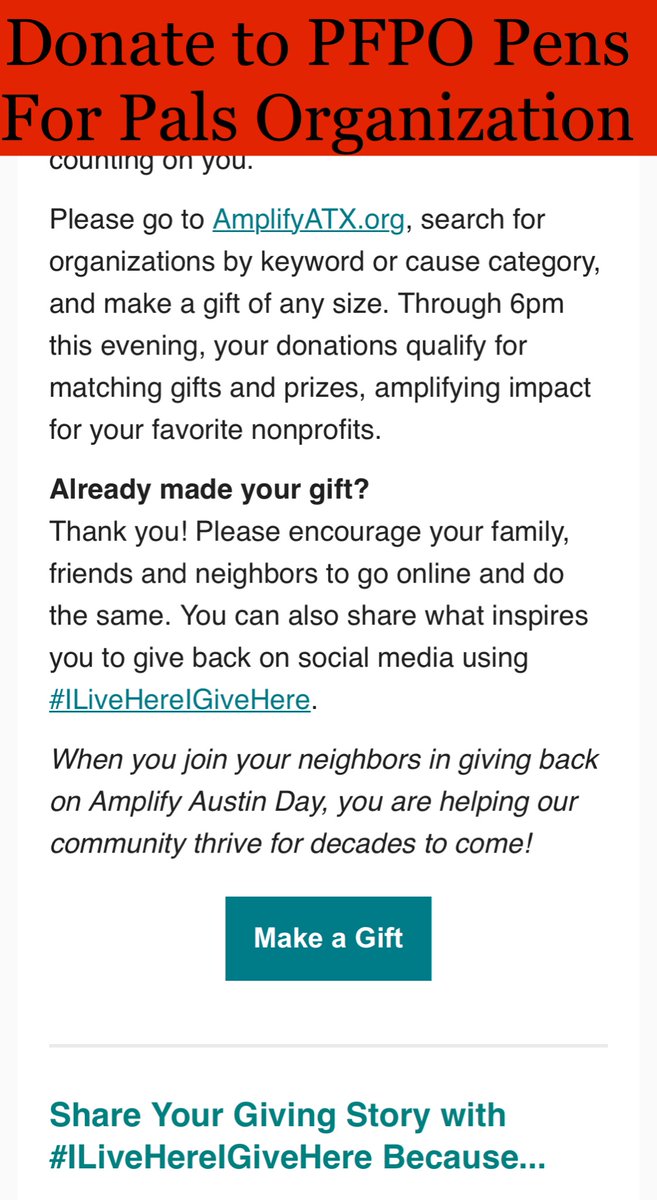 pensforpals's tweet photo. 🙏☺️♥️Today is the day of giving At Amplify Austin! We wait all year for this one day. Please donate to PFPO today by 6pm! Donations are being matched in some cases/by some companies.  #ilivehereigivehere #amplifyatx our goal is $10,500.00
DONATE AT https://t.co/BfY4aIIT7P
THX https://t.co/Ny6exxEVgT