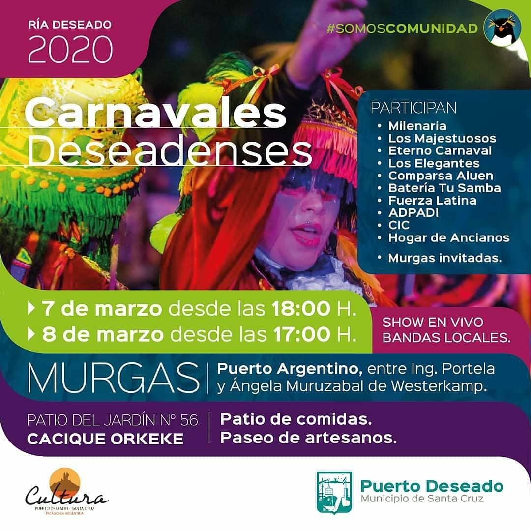 🎶🎉Pasa la murga con sus alardes entre la siesta del arrabal. 🥁Y un son de lata puebla la tarde y su rumor es la canción del carnaval🎊. – Homero Manzi
💃🕺¡Vení a pasarla bien este finde con tu familia🎺👪!
#puertodeseado #carnaval2020 #cultura #SantaCruz #PatagoniaArgentina