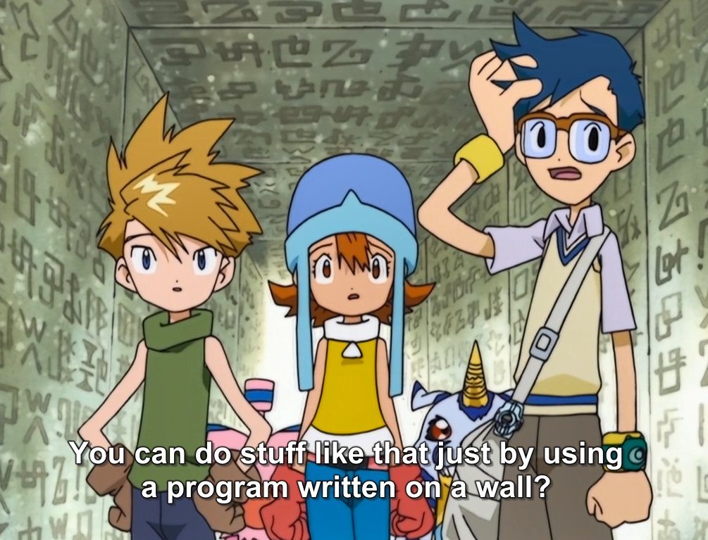 And really, despite some references scattered around, Digimon Adventure episode 19, "Nanomon of the Labyrinth", was one of the only ones that had somehow defined that the Digital World could exist on the computer network