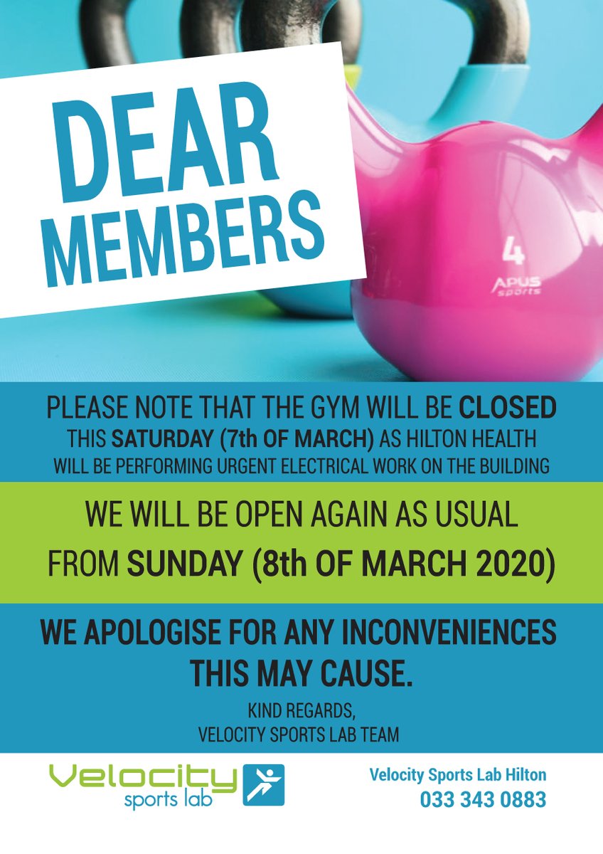 VSLHilton's tweet photo. Attention Velocity Sports Lab Members: Please note that unfortunately the gym will be closed tomorrow (7 March) due to electrical work in the building. We will be back up and running from Sunday (8 March)! Sorry for any inconvenience this may cause.
💪
#hilton #fitness #exercise https://t.co/cHpt4a7sYD