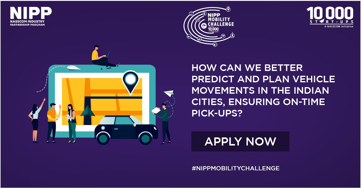 nasscomstartups's tweet photo. How can we better predict and plan vehicle movements in the Indian cities, ensuring on-time pick-ups? Brainstorm your own #innovative solution and share your entry for #NIPPMobilityChallenge.
https://t.co/neUvw2hZFU https://t.co/UZ9aS5ogjd