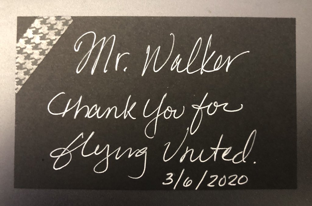 mbwalker's tweet photo. This little card was sitting by my seat today when I boarded. A really nice touch at a time when people are considerably more stressed than normal. I think this is some pretty impressive customer service.  Thank you @united . #CustomerService https://t.co/5cU5WR0HrD