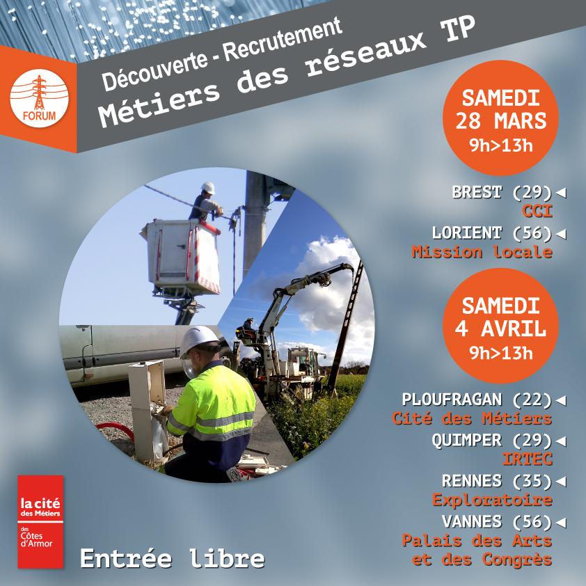 6 forums en Bretagne pour découvrir le métier de monteur réseaux en Travaux Publics - 28 mars et 4 avril. Ouvert à tous !... Les entreprises seront sur place. #MRTP2020
