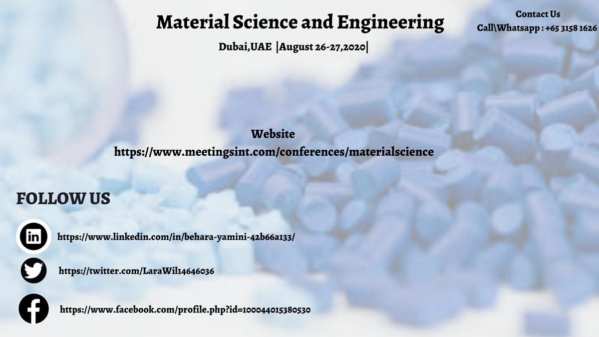 MeetingsInt's tweet photo. #Material_Science_2020
#Dubai_UAE
#Aug_26_27
#Submit_your_abstract 
#speaker 
#Delegate 
#Exhibitor 
#REGISTER_NOW

Website:  https://t.co/EaPCaYuqR9
Send us your queries: materialscience@insightsummits.com
Call/WhatsApp: +65 3158 1626 https://t.co/R8mSySVmva
