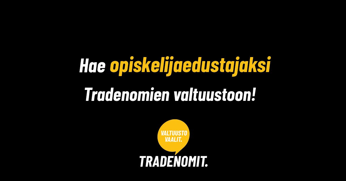 Tradenomiopisk's tweet photo. Kiinnostaako Tradenomien toimintaan vaikuttaminen? Haluatko olla tuomassa opiskelijoiden näkökulmaa esiin?

NO, nyt on tarjolla loistava mahdollisuus vaikuttaa! Lue lisää valtuustovaaleista: https://t.co/RkiLpWTZiM https://t.co/Gz47EsW9lT