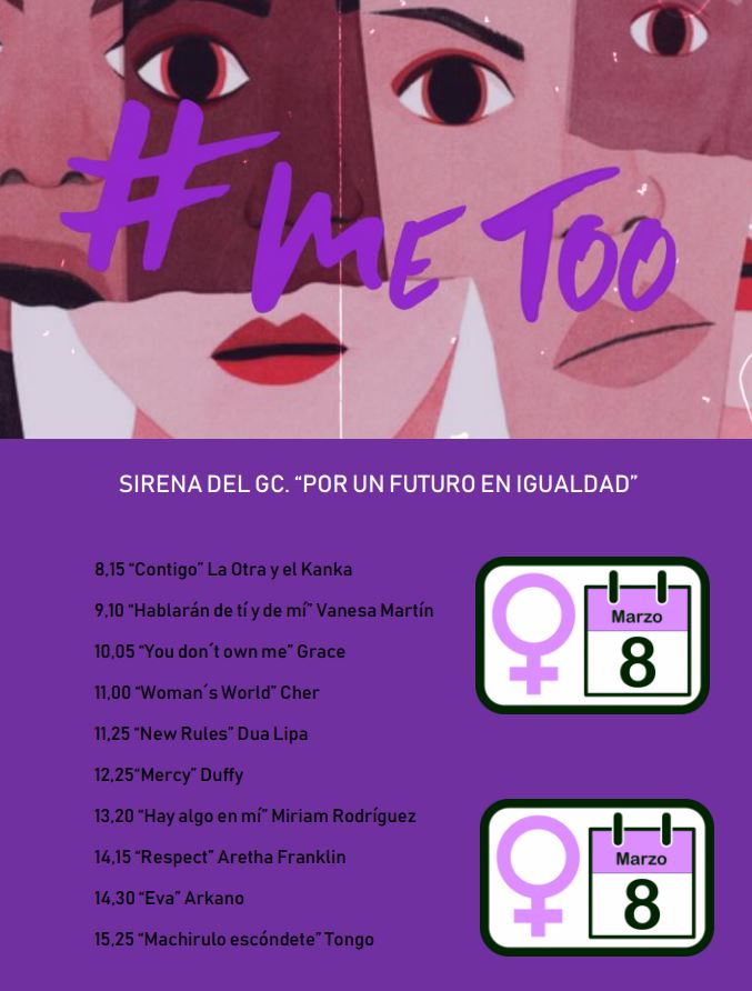 AmpaGranCapitan's tweet photo. Para conmemorar el #DiaDeLaMujerTrabajadora, hoy en la sirena de cambio de clase sonarán las siguientes canciones:
#proyectoDelfin #metoo @libelula999 https://t.co/rUbGMKqgW0