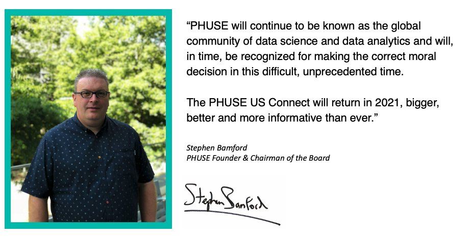 PHUSE_Global's tweet photo. PHUSE US Connect 2020 – Event Cancelled. PHUSE has taken the difficult decision that it is no longer tenable to run the event as we cannot accurately assess the risk to our attendees. We would like to thank you for your understanding.

Further information: https://t.co/ChjbCTCYfZ https://t.co/WMpIhs3mKT
