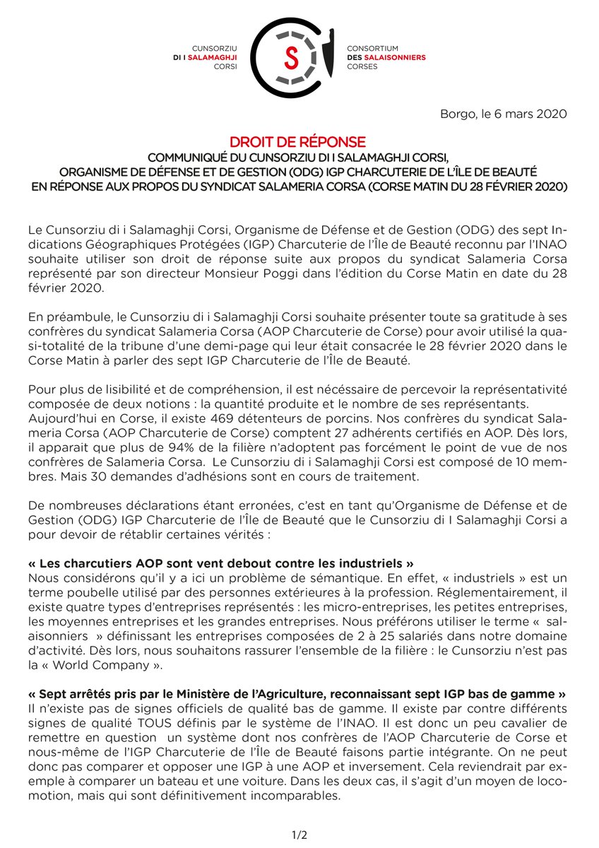 csc_iledebeaute's tweet photo. [Droit de réponse] L'ODG IGP Charcuterie de l'Île de Beauté répond au Syndicat Salameria Corsa AOP Charcuterie de #Corse. https://t.co/1gjRJcNgNS
