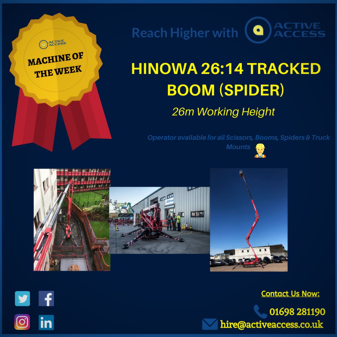 This week our featured #machineoftheweek is our 26m Tracked Boom.

To get more information or to hire this machine, contact our Hire Desk;

☎01698 281190☎
📧hire@activeaccess.co.uk📧