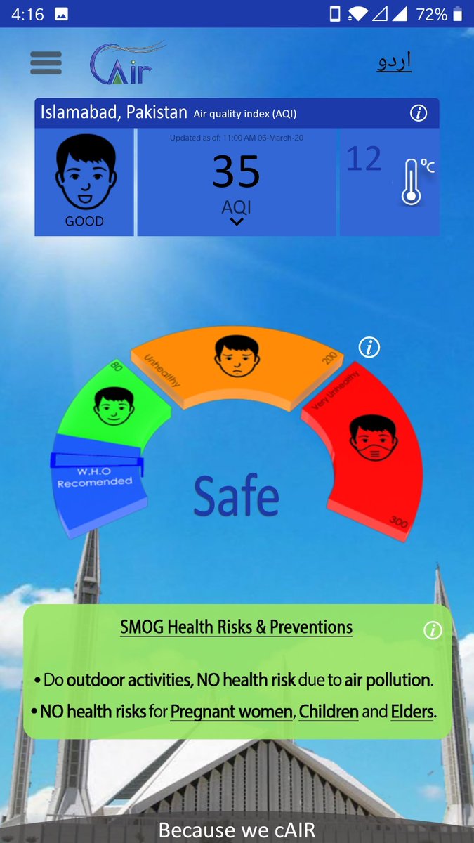 BecauseWeCair's tweet photo. Thanks to this spring rain #Lahore and #Islamabad having excellent air quality.  #AQI and #PM2.5 both are within the range of WHO recommendation. 
Go outside and enjoy beautiful weather with clean and fresh air.. 

#Lahoreair  #Wecair  #Becausewecair  #AirQuality  #PakAirQuality https://t.co/ohM3KOXj9p
