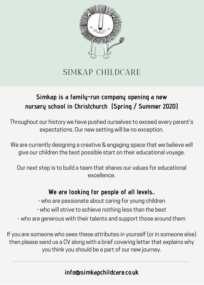 SimkapChildcare's tweet photo. Recruiting now! For more information, email info@simkapchildcare.co.uk. Please do feel free to share if you know anyone who may be interested!

#dorset #recruitment #educationjobs https://t.co/vgJjt4XAAn