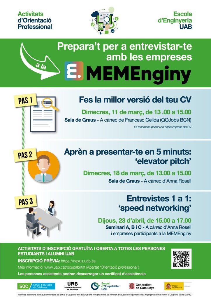 MEMEnginyUAB's tweet photo. El dia de la fira se celebrarà una sessió d'entrevistes 1 a 1 amb empreses de primer nivell. Abans, però, s'oferiran 2 tallers gratuïts per optimitzar el CV i per aprendre a presentar-se en 5 minuts (elevator pitch); serà els dies 11 i 18 de març. Inscripcions a l'aplicació NEXUS https://t.co/caOyhZa3Gs