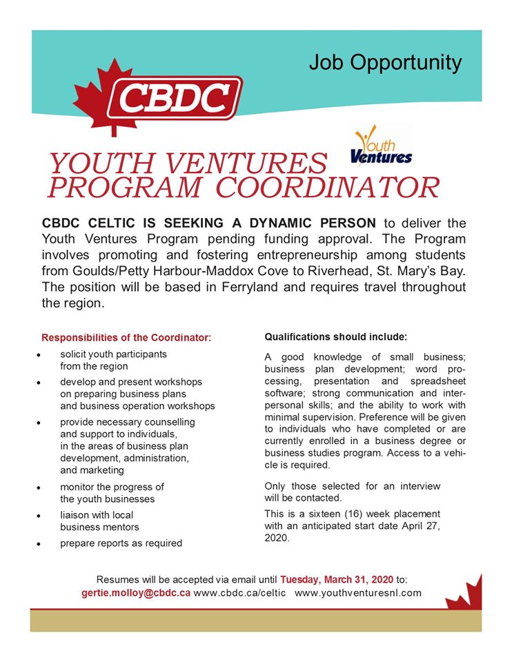 CBDCCeltic's tweet photo. Currently seeking a Youth Ventures Coordinator.  Applications accepted until March 31, 2020. https://t.co/5kHXwChyfq