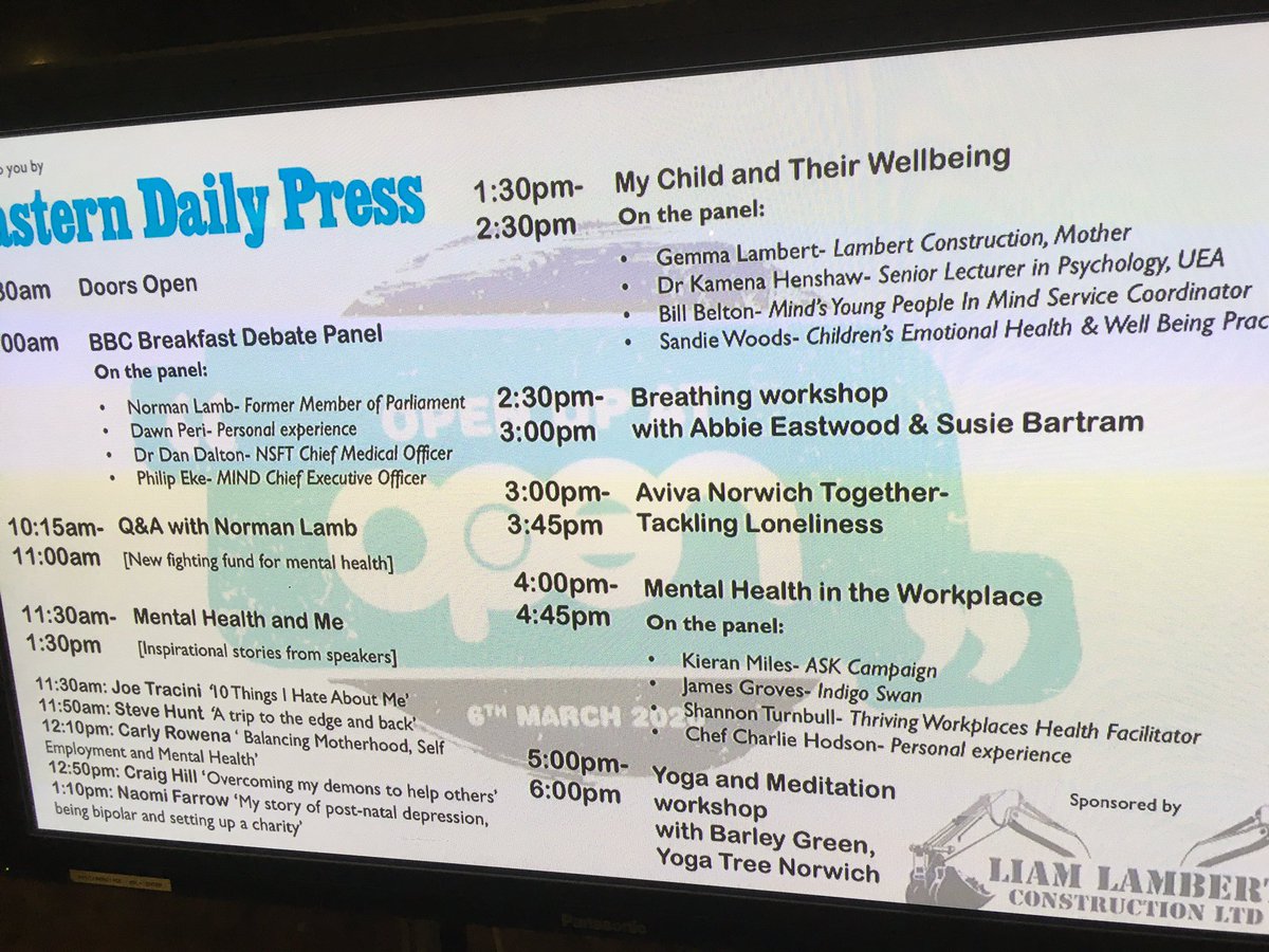 David_Powles's tweet photo. If you didn’t feel able to attend #EDPOpenUp up because you were worried about a stigma or being alone - please be reassured there are 350 warm and welcoming people here already. Here’s the plan for the rest of the day... @OPENNorwich @EDP24 https://t.co/T0ggogNnWm