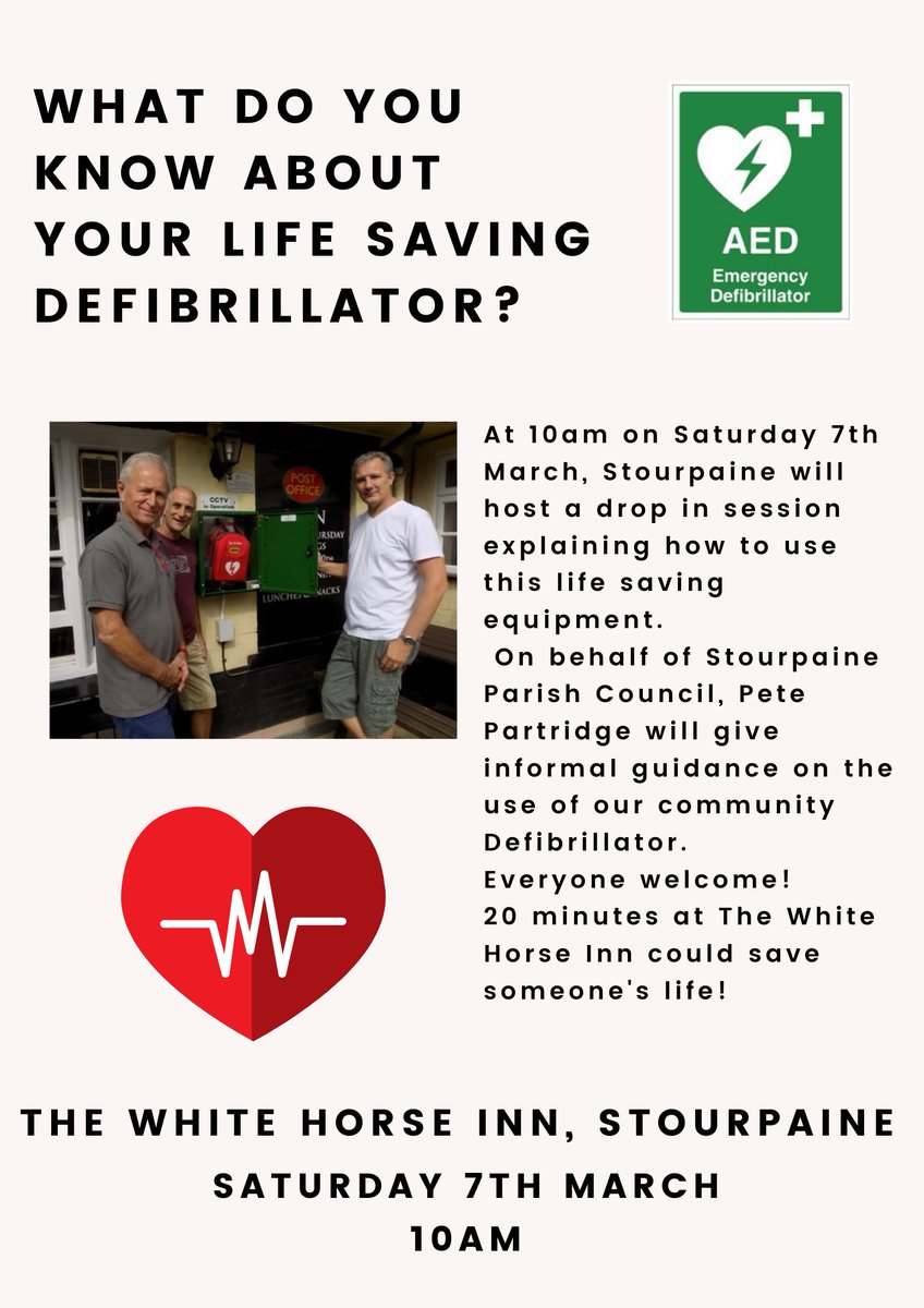 WhiteHorseST's tweet photo. Don't forget to drop in tomorrow at 10 am if you would like to know more about your village defibrillator located outside the pub.

Just 20 minutes of your time could save a life! ❤️

#savealife #emergencydefibrillator #shockinglyeasy #whitehorseinn #stourpaine #dorset https://t.co/HBM8g4qZpQ