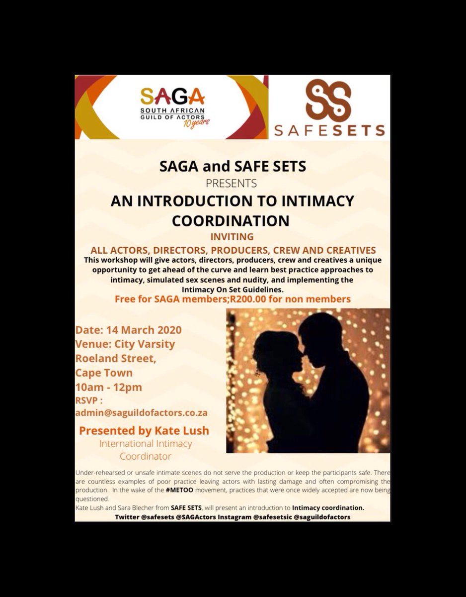 SAGActors's tweet photo. Don’t forget to rsvp at admin@saguildofactors.co.za for this incredible opportunity to learn more about Intimacy on Set. #Intimacy #workshops #onset #actor #lifeonset #whatsyoursaga https://t.co/xefYQZE44T