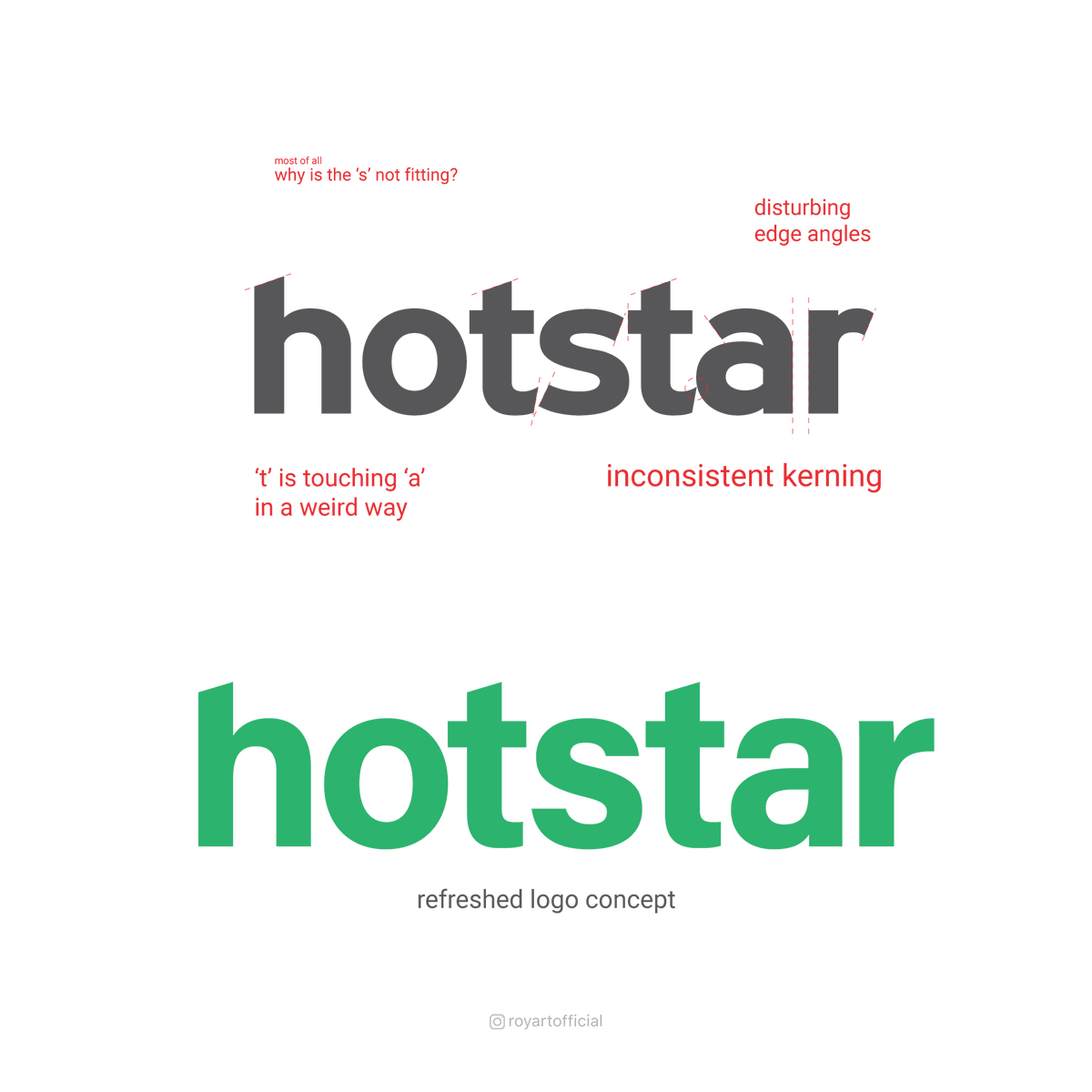 royartofficial's tweet photo. Breakdown of the Hotstar logo and our suggestions to make it better.

P.S. this is just a concept and we are trying to keep the logo essence intact while redesigning.

@hotstartweets #logoredesign https://t.co/xwccBllvQL