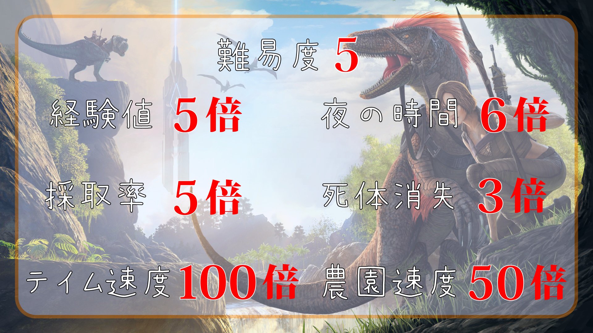 ぶらんち ホロライブ 経験値5倍 夜の時間4倍 採取量2倍 採取物のリスポーン速度50倍 テイム速度0倍 農園速度50倍 交配間隔0 05 孵化速度0倍 ブリーディング速度0倍 Pve 他詳細な情報は下記のリンクで確認できます 桐生ココさんのyoutubeから引用