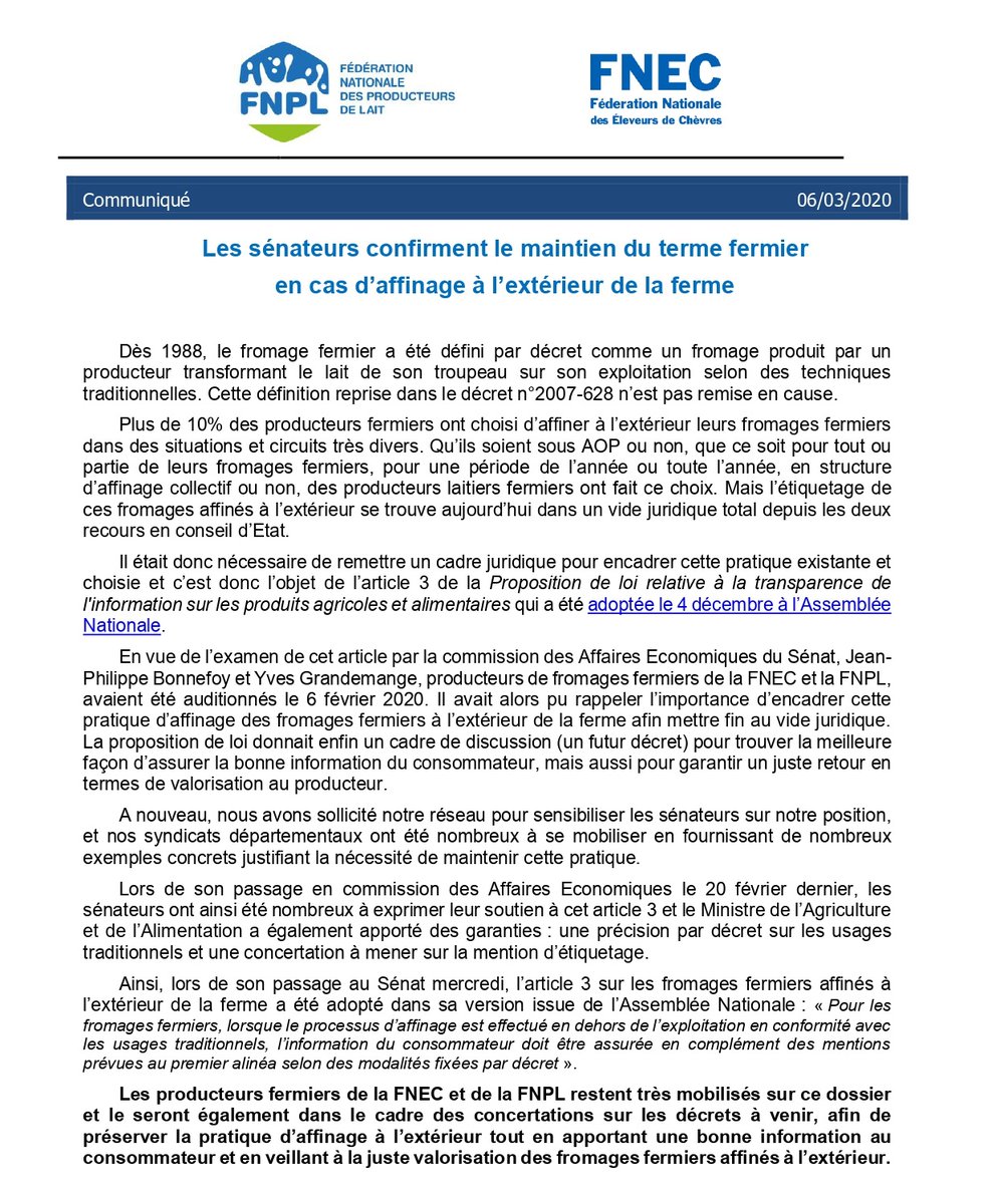 EleveursChevres's tweet photo. Les sénateurs confirment le maintien du terme fermier en cas d’affinage à l’extérieur de la ferme. Retrouvez le communiqué FNEC et FNPL sur https://t.co/D4yNm0kZ8w . https://t.co/xRANFY13oN