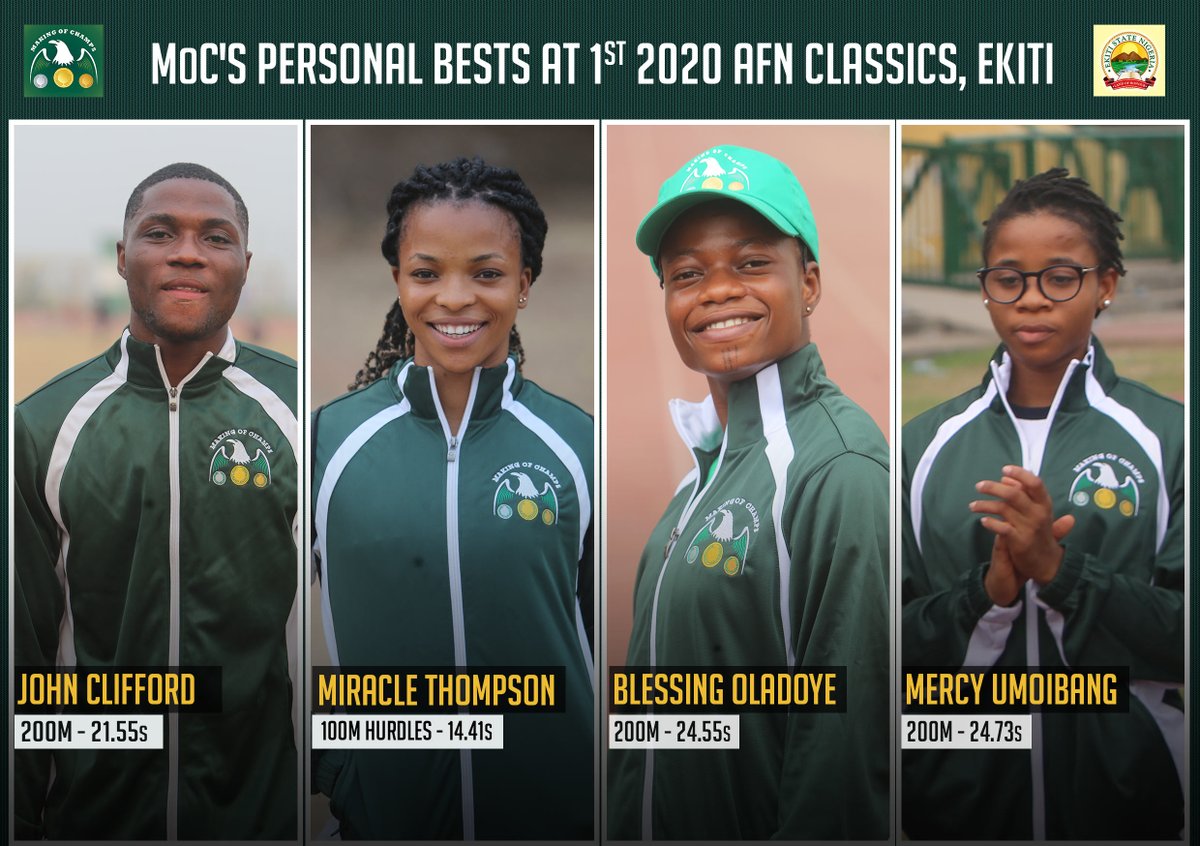 MakingOfChamps's tweet photo. It’s been a week since the 1st AFN #EkitiClassics & four athletes from Making of Champions (MoC) Track Club set Personal Bests (PBs) at the event, which was their second national outing in 2020. Interestingly, three of the four performances were gotten in the 200m. #MoCTrackClub https://t.co/5ydsAH6lG4