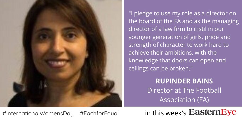 Read more from Rupinder Bains, director at The Football Association (<a href="/FA/">The FA</a>), in our #IWD feature: easterneye.biz/international-… #EachforEqual <a href="/rupinderbainsuk/">Rupinder Bains</a>