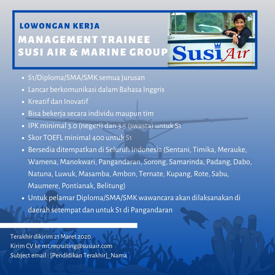 Mari bergabung bersama Susi Air &amp; Marine Group! #SusiAir #SusiMarine #SusiGroup