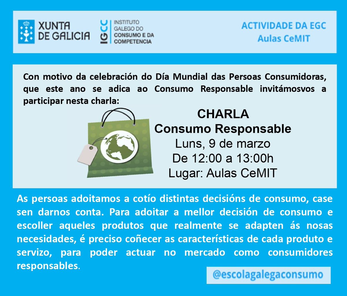 escolaconsumo's tweet photo. O próximo luns 9 de marzo imos realizar unha charla informativa participativa sobre Consumo responsable a través das aulas da Rede CeMIT con motivo da celebración do Día Mundial das Persoas Consumidoras (15 de marzo).
#AulasCemit #consumoresponsable https://t.co/rLqGSTf2vo