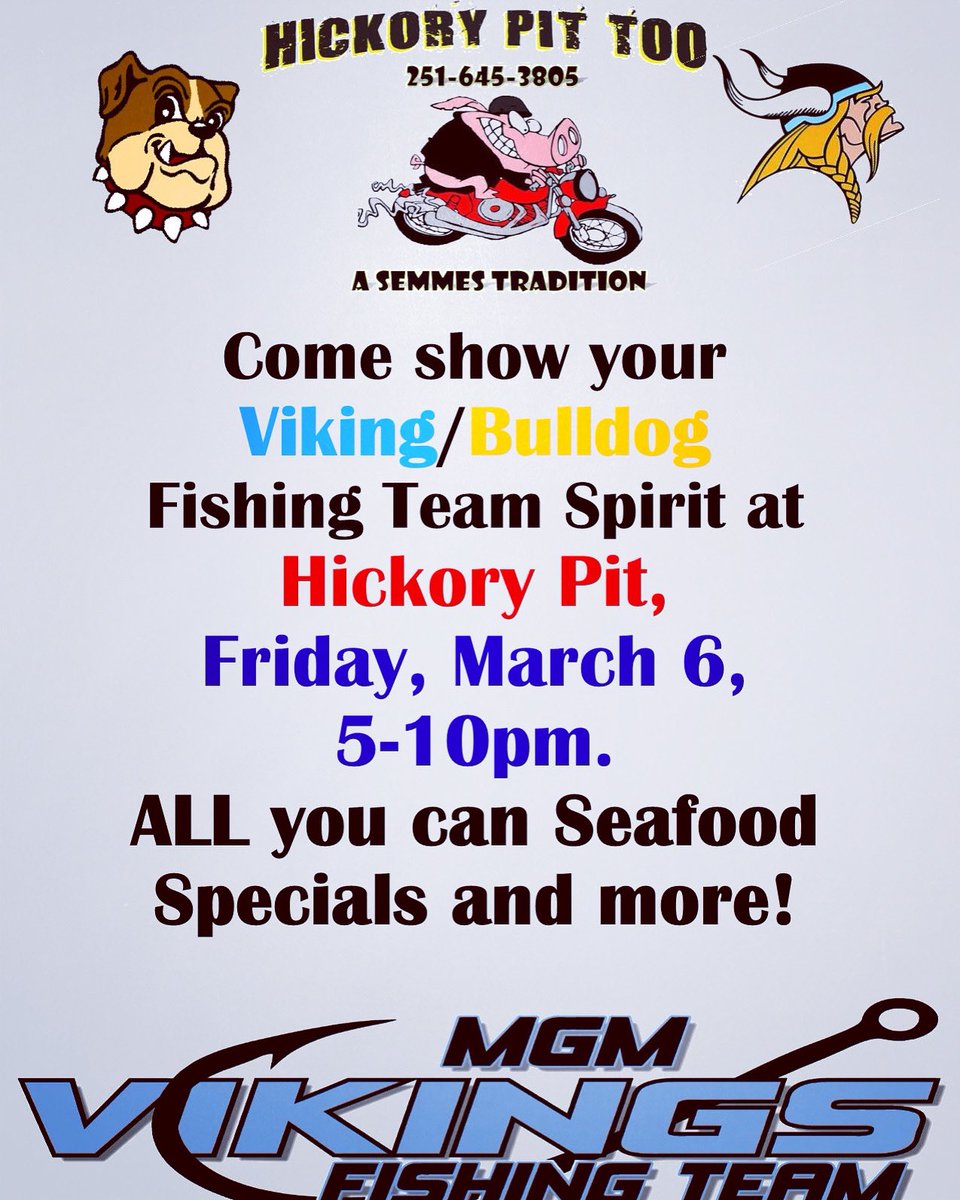MGMFISHING's tweet photo. Come out to the Hickory Pit tonight, Friday, March 6, 5-10pm and Support your MGM Fishing Team. We are raising money for travel expenses for our upcoming Tournaments.  All you can eat Seafood is the special or order from the menu. The Hickory Pit @T_Guard1 @MGMSportsNet https://t.co/FmYUATUS3J
