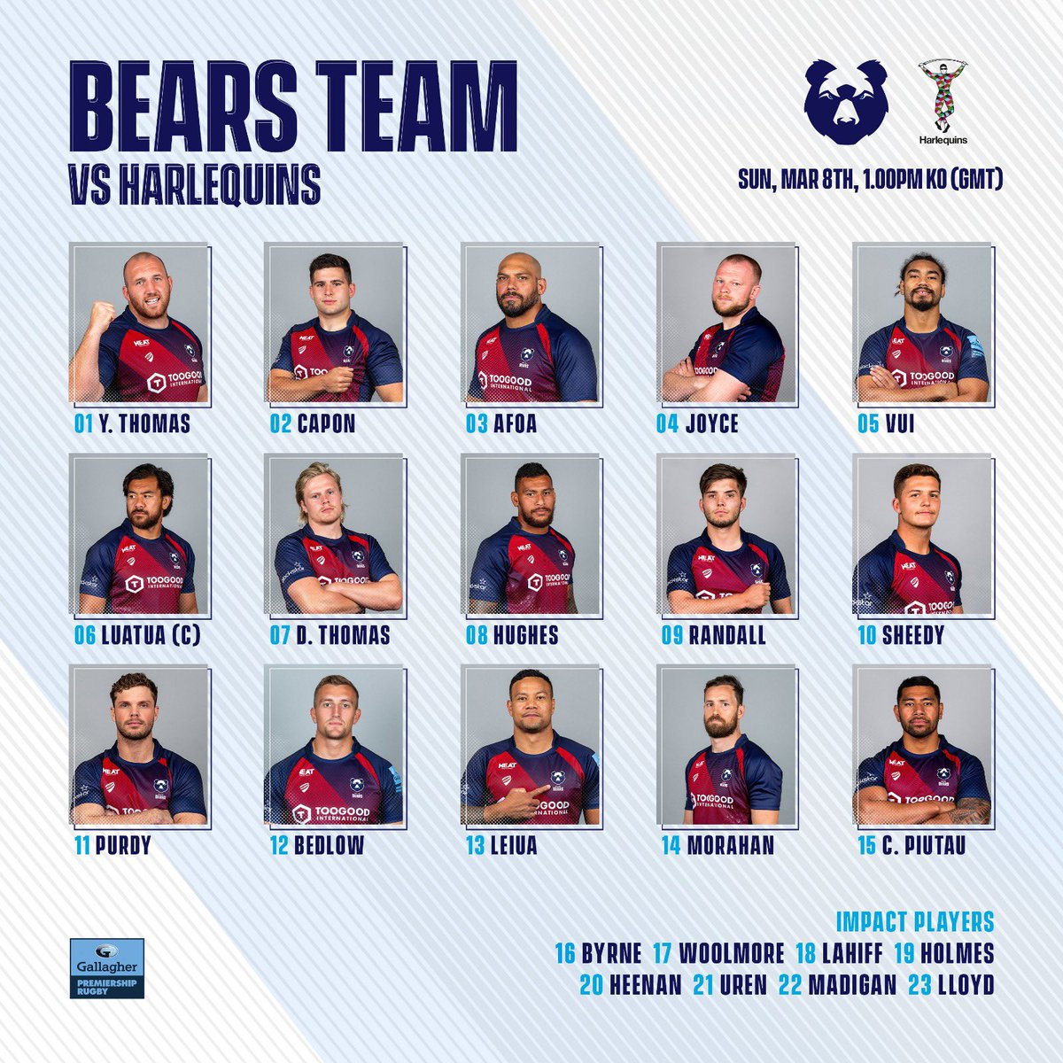 BearsBeyondGate's tweet photo. Pat shuffles the @BristolBears pack again. Capon and Afoa start in the front row and Dan Thomas is back at 7. Randall starts at 9, Purdy back on the wing and Leiua moves to centre. Byrne on the bench for first time and both Madigan and Lloyd listed as subs. #BearsBeyondTheGate https://t.co/KYWF15VFbA