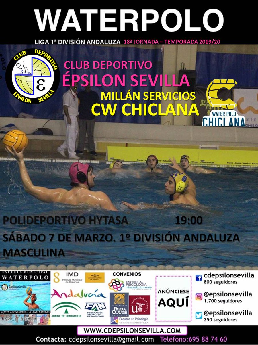 ❗La liga regular termina este sábado y nos lo jugamos todo a un partido para poder entrar en los play-off. ¡ Necesitamos todo el apoyo posible! 

🤽 Millán Servicios CW Chiclana
📅 Sábado 7 de Marzo
⏱️ 19:00
🏟️ Polideportivo Hytasa

#VamosEpsilon