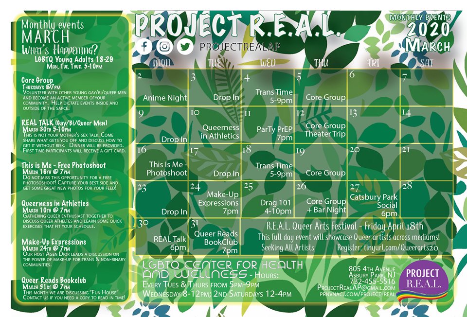 ProjectRealAP's tweet photo. Now present Project REAL's March event calendar! Come hang out with us on drop in nights, discuss queer people in sports during queerness in athletics or join us on our trip to Lauren K. Woods theater and watch Monmouth  University's performance of "Gemini"! https://t.co/YnF1SMVJMV