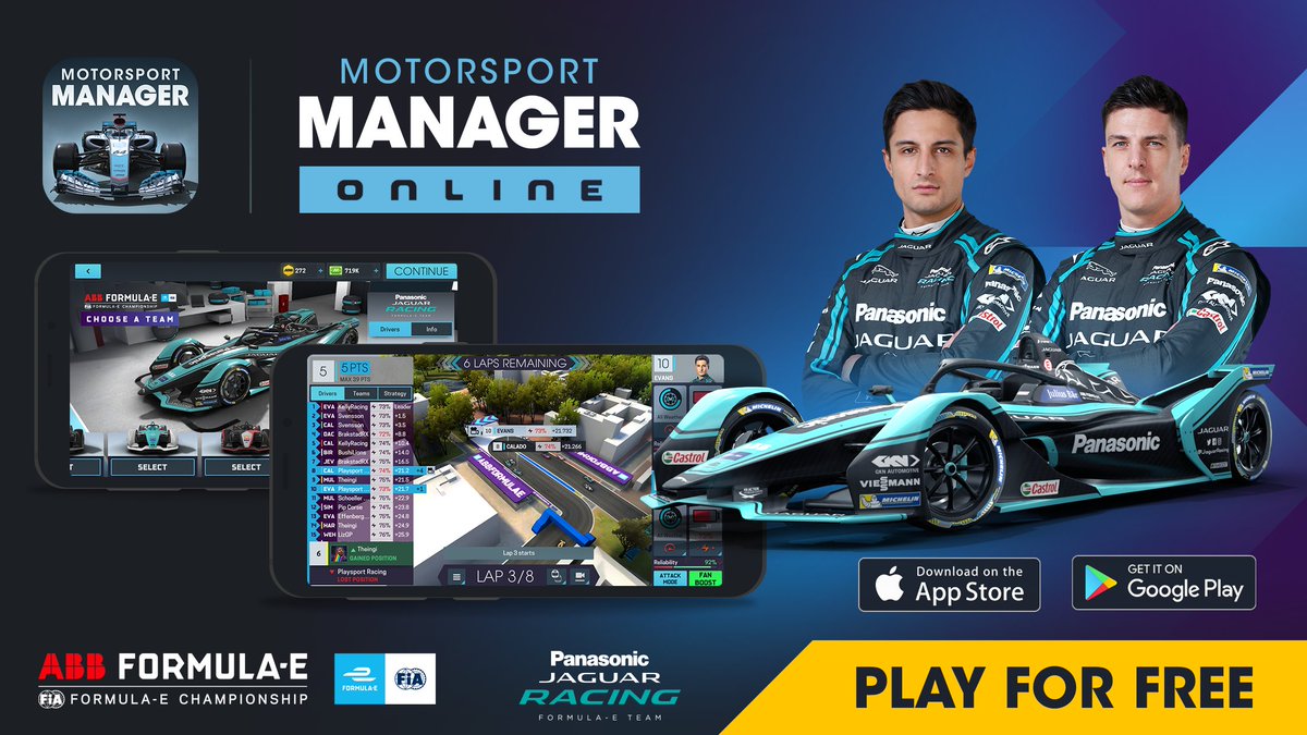 JaguarRacing's tweet photo. Now is your chance to be Panasonic Jaguar Racing Team Director in the new #MotorsportManager app! Recruit drivers, assemble your team, develop your #Jaguar #ITYPE4 and plan race strategy on your way to @FIAFormulaE glory!
 
Available now on iOS and Android📱
 
#ABBFormulaE https://t.co/dnLCrv5EkM
