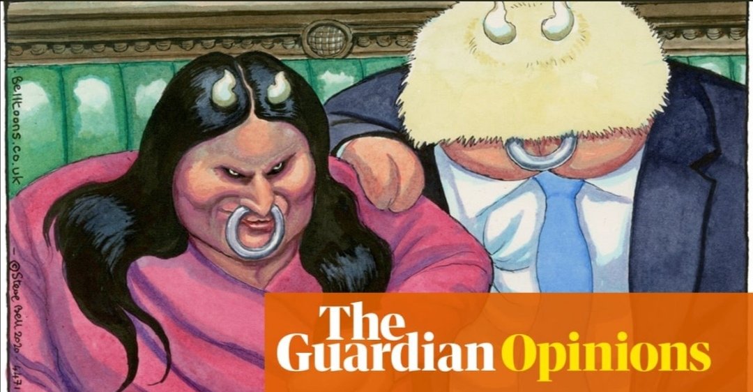 EmmaLouisaJ's tweet photo. Can The Guardian sink any lower?

Mocking Priti's Hindu heritage by portraying her and Boris like this is despicable.
Imagine if a Muslim public servant was caricatured in the same way with their religion pilloried like this. 
Shameful. 
#IStandWithPritiPatel https://t.co/cFGYrrsJCt