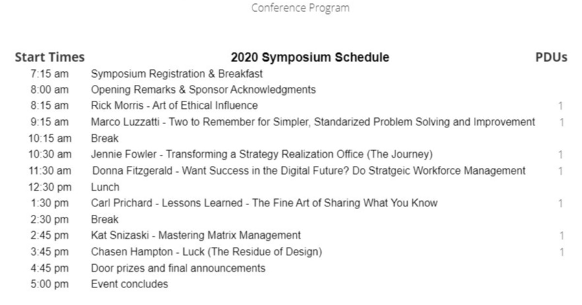 PalmettoPMI's tweet image. The 2020 PMI Palmetto Symposium is March 17th.  Check out the agenda for speakers and PDUs.  #pmipalmetto2020 Register now:  ow.ly/y8RM50ynFIS