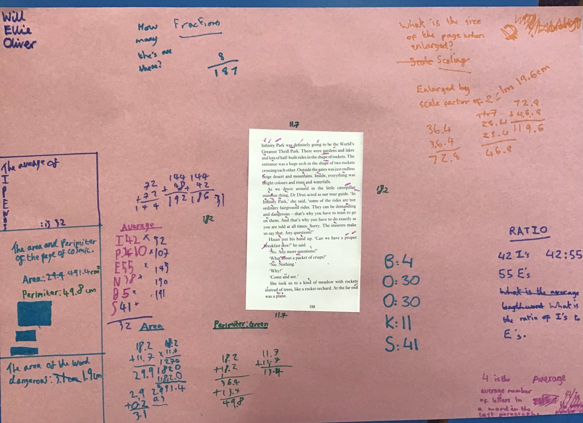 GlaisdaleSchool's tweet photo. Check out our #WorldBookDay maths work @WhitbyMaths. We were hunting for maths in a page of our class novel Cosmic by @frankcottrell_b https://t.co/ca5SGr1O7Z