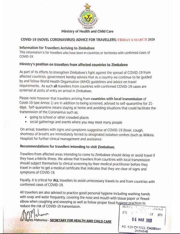 MoHCCZim's tweet photo. COVID-19 advise to travellers, Friday 6 March 2020
@zimpapers @StarFMNews @ZBCNewsonline @healthtimeszim @ChronicleZim @ManicaPostZim @NewZiana @NewsDayZimbabwe @DailyNewsZim @263Chat @classic263 @ZTNnews @ZiFMNews @capitalkfm @NyamiNyamiFM @HevoiFm @diamond1038FM @KwayedzaZim https://t.co/jAqmRBGHSP