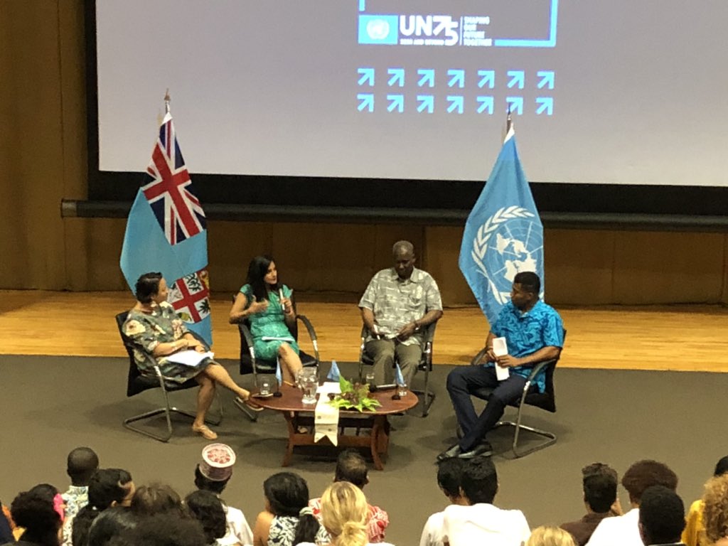 sixthPUF's tweet photo. Komal Kumar, #young climate leader, talks about the importance of viewing #climatechange as an ethical issue, stressing how “many young #Fijians have already experienced the effects of climate change first hand” at the Talanoa Session with the President of the UN General Assembly https://t.co/3uuidAbScy