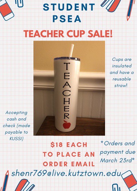 kuspsea's tweet image. SPSEA is selling beautiful education teacher cups for $18!  Email Sarah Henry to place your order today! 🍎