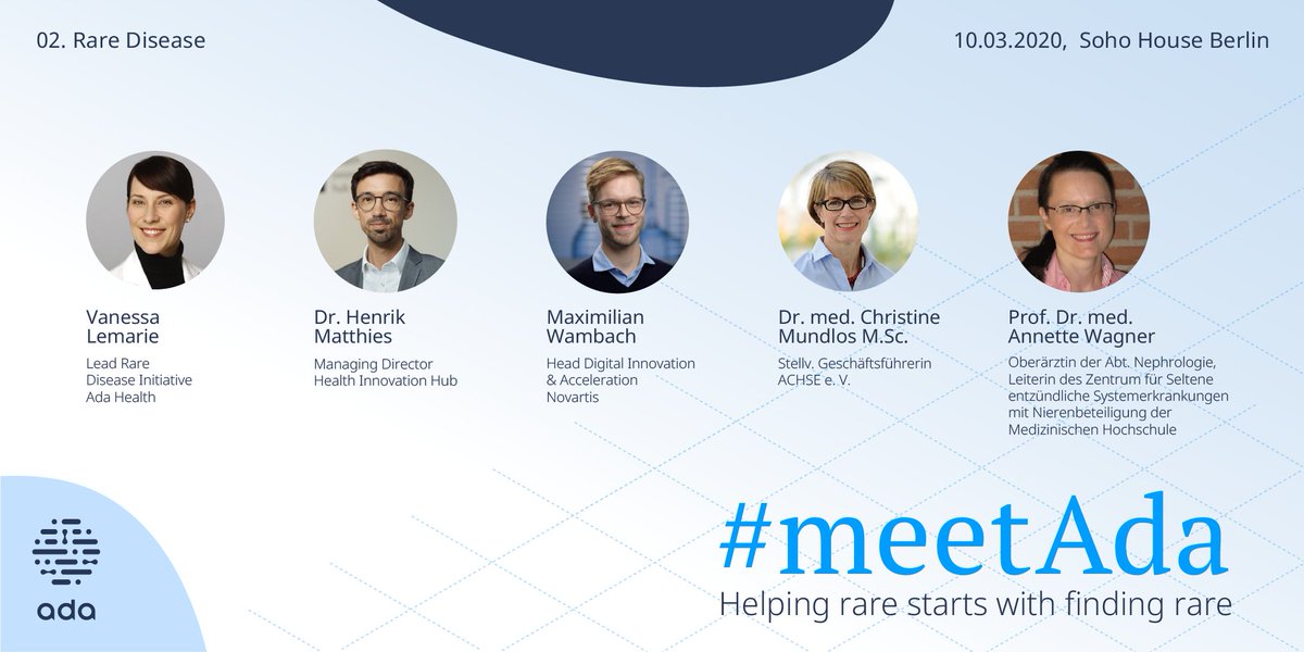 adahealth's tweet photo. Our #meetAda panel discussion moderated by @dukla_DE, will include @VanessaLemarie (Ada Health), @HerrMatthies (Health Innovation Hub), Maximilian Wambach (Novartis), Dr. med. Christine Mundlos (ACHSE), and Prof. Dr. med Anette D. Wagner (MHH). Sign up at: https://t.co/wLSxTuSkYz https://t.co/JEnoJkqtPd