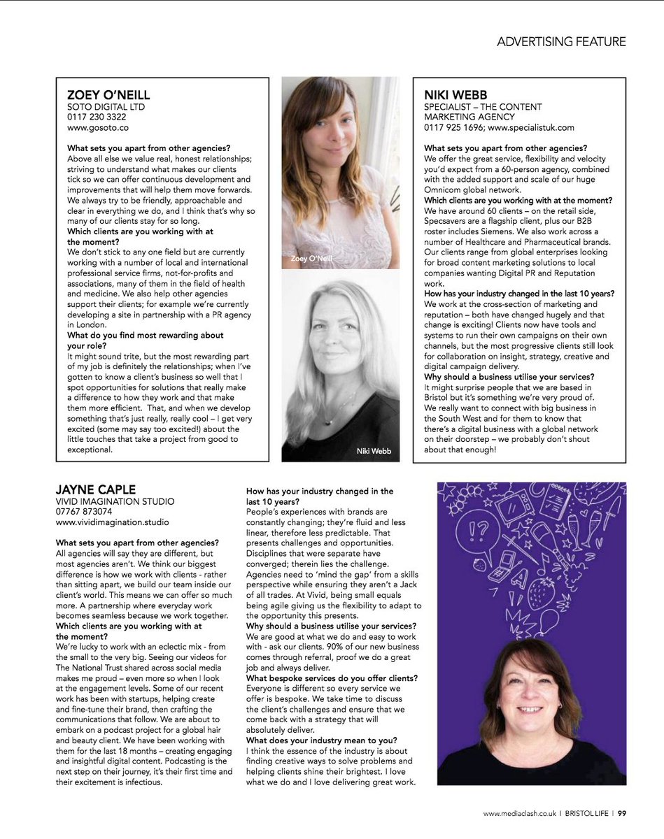 wearesoto's tweet photo. Check out page 99 in the latest issue of the Bristol Life Magazine! 

Have a read of what Zoey, our Managing Director, has to say about Soto, our lovely clients, and her role. 

https://t.co/hyVIcsn6x3

#Bristol #BristolLife #Agency #Websites #Digital https://t.co/cLlaGak7rJ