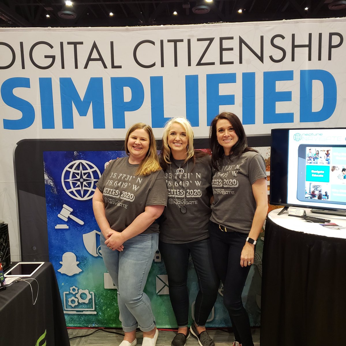 CecilyMHill's tweet photo. Hey #ncties2020 friends -- Make your way to Booth 633 to learn how Neptune Navigate can help guide your students through today's digital world with our simplified #DigitalCitzenship program and snag a free navigation tee (while supplies last)! @NeptuneNavigat1 #ncties #ncties20 https://t.co/pXapeOc6Sb