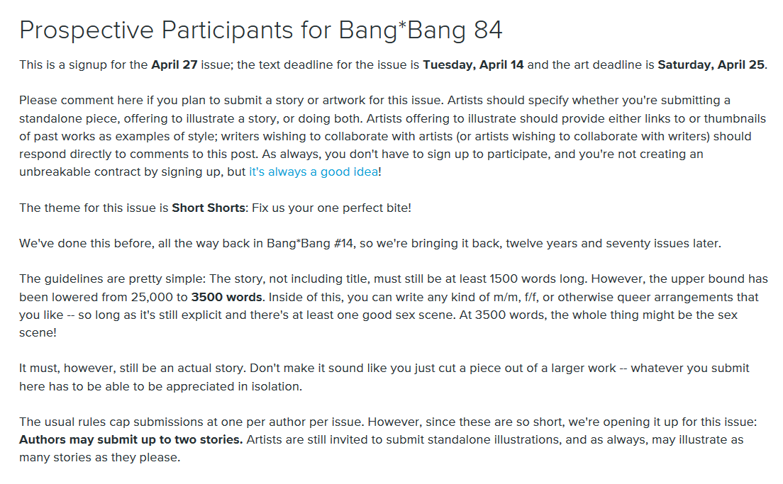 s2b2's tweet photo. Make it short, sweet, and to the porn! Signups for Short Shorts, our 3500-words-or-less April issue, are open now: https://t.co/gD5VMzRQeX https://t.co/MLRCVt3F9C