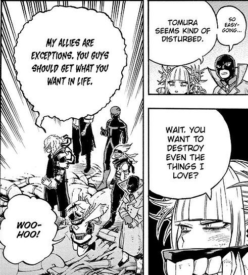 Next,its shiggys humanity shift towards the league.We're all aware that shigg wasnt fond of dabi&toga,he insulted them when they first appeared, but ever since his mentor afo's absence and overhauls incident+long time he spends with them,he has learned to appreciate his comrades.