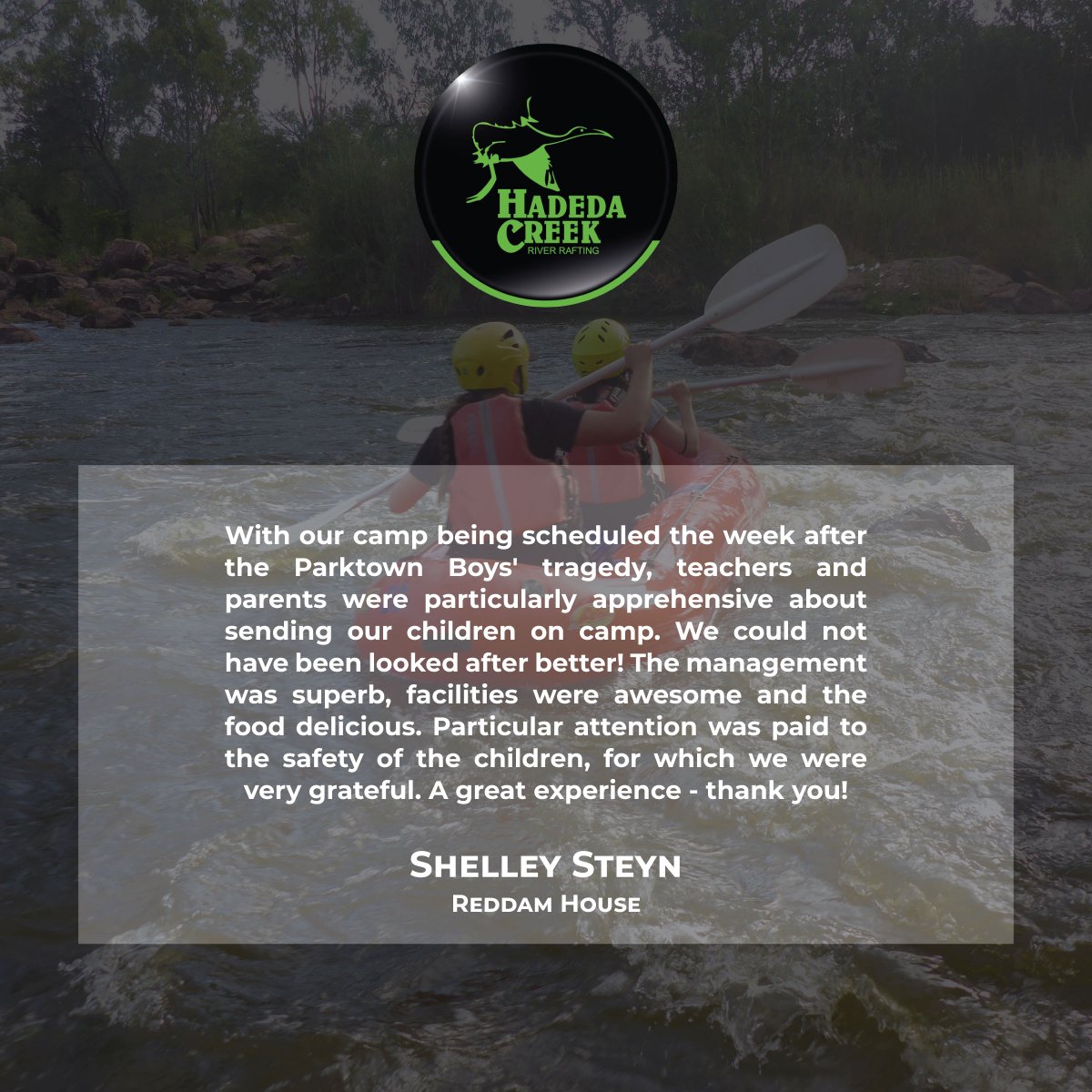 HadedaCreek's tweet image. Great to get such positive feedback about HADEDA Creek from @ReddamCsr! Thank you so much for your wonderful review. 

#HADEDACreek #HISIDEGroup #Parys #river #freestate #discoversouthafrica #adventuresouthafrica #exploreparys #thingstodoinparys